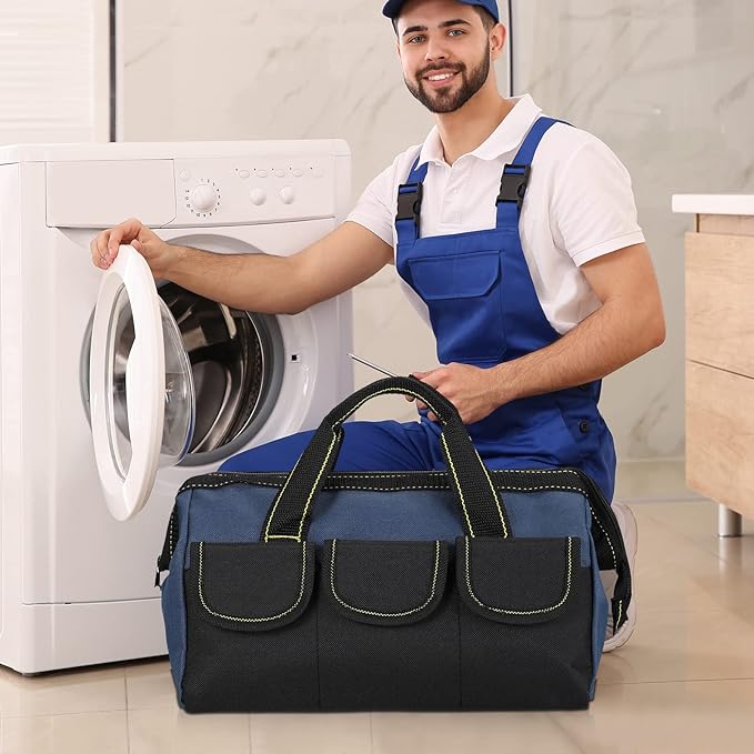 Sanwuta 3 Pack Tool Bag for Men with Waterproof Hard Bottom, Heavy Duty Tool Bag Wide Mouth Tote for Various Instrument, Electrician Carpenter Mechanic(13 Inch,Blue)