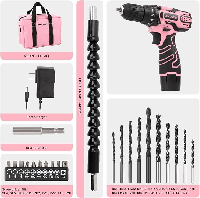 COMOWARE Pink Cordless Drill Set for Women, 12V Lightweight Electric Screwdriver with 3/8" Keyless Chuck, 1.5Ah Battery - Portable Power Drill Kit with Pink Tool Bag for Home DIY Projects