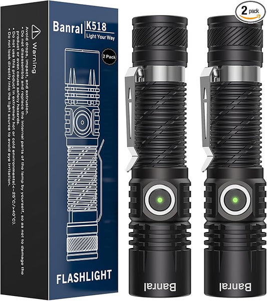 Rechargeable Tactical Flashlights, High Lumens Small Mini USB-C LED Flashlight, Compact EDC Flash Light, 4 Modes&Memory Function, Waterproof Pocket Lights for Home,Camping,Emergency (2, Black)