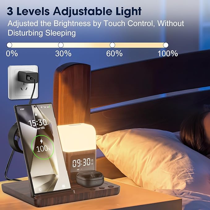 Wireless Charger for Samsung/Android, 6 in 1 Phone Nightstand Charging Station Charge with Alarm Clock/Light for Samsung S25/S24/S23 Ultra/Buds3 Pro,Watch Charger for Galaxy Watch 8/7/6/5-Woodgrain