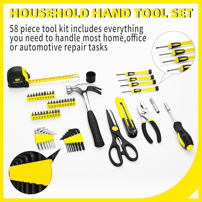 58-Piece Tool Kit Basic Home Repair Tool Set, General Household Hand Tool Kit,Small Tool Kit with Plastic Toolbox Mini Tool kit for Women, Office & College Repairs Yellow