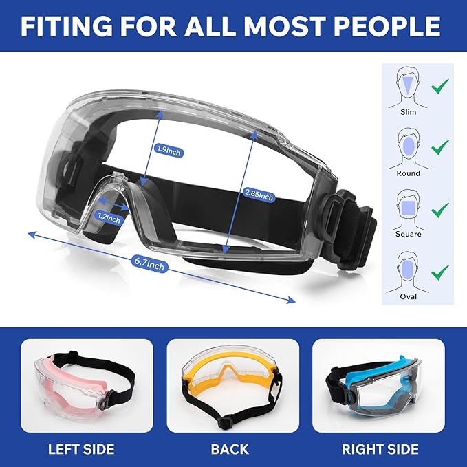 Safety Goggles Over Glasses - ANSI Z87.1 Certified Eye Protection for Chemistry Lab Work & Industrial Use - Anti-Fog Clear Lens, Impact Resistance - Adjustable Strap - Men & Women (2 Pack)