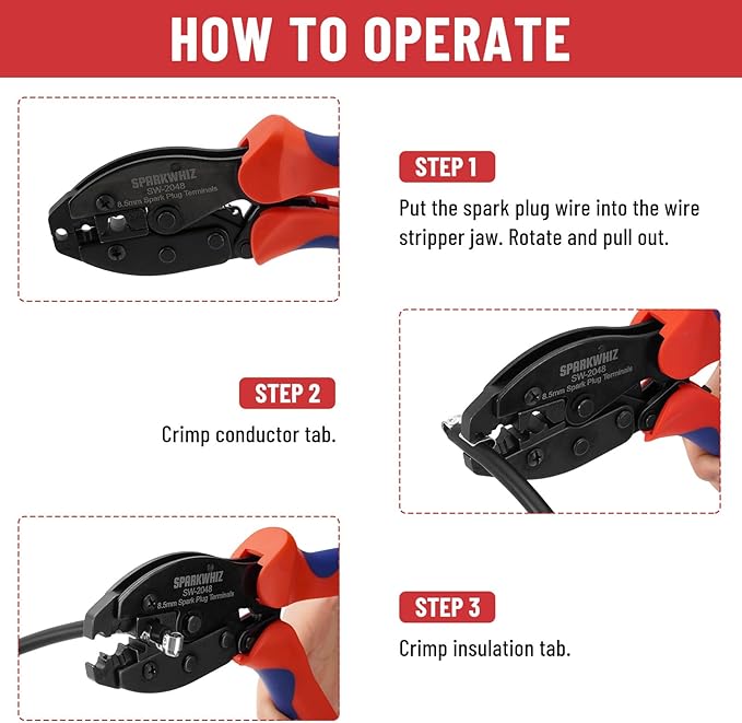Ratchet Spark Plug Wire Crimping Tool Kit, 24PCS 180 Degree/90 Degree/Straight Spark Plug Coil Terminals & 24PCS Boots, Ratcheting Wire Crimper Diameter 8.5-8m