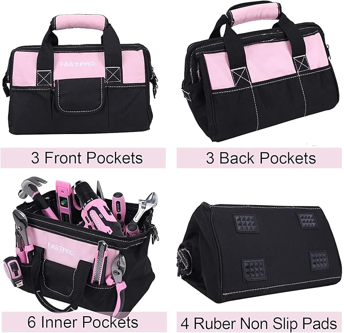 FASTPRO 232-Piece 20V Pink Cordless Lithium-ion Drill Driver and Home Tool Set, Lady's Repairing Kit with 12-Inch Wide Mouth Open Storage Bag