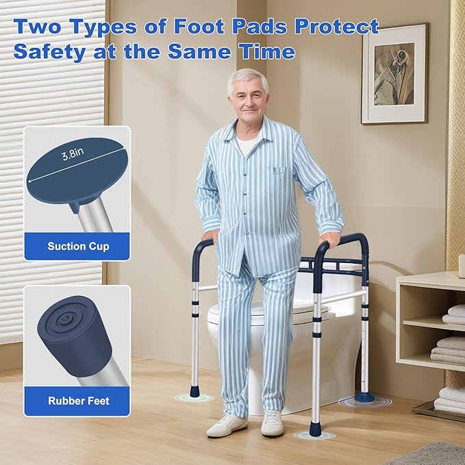 Toilet Safety Rails, Adjustable Toilet Handles for Elderly and Disabled, Toilet Support Rails for Seniors, Foldable Handicap Toilet Rails with Travel Bag, Instant Installation (Lake Blue)