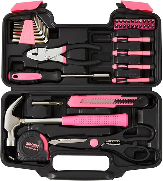 39 Piece Tool Set General Household Hand Kit With Storage Case Basics Tools for Home, Garage, Office and College Dormitory Use (Pink)