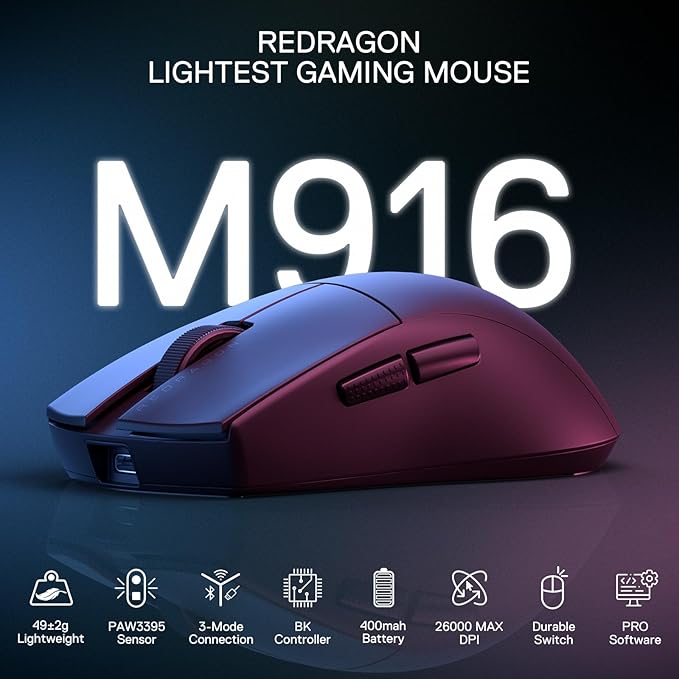 Redragon M916 PRO 3-Mode Wireless Gaming Mouse, 49G Ultra-Light 26K DPI Mouse w/Ergonomic Natural Grip Build, Full Programmable Buttons, Software Supports DIY Keybinds & DPI
