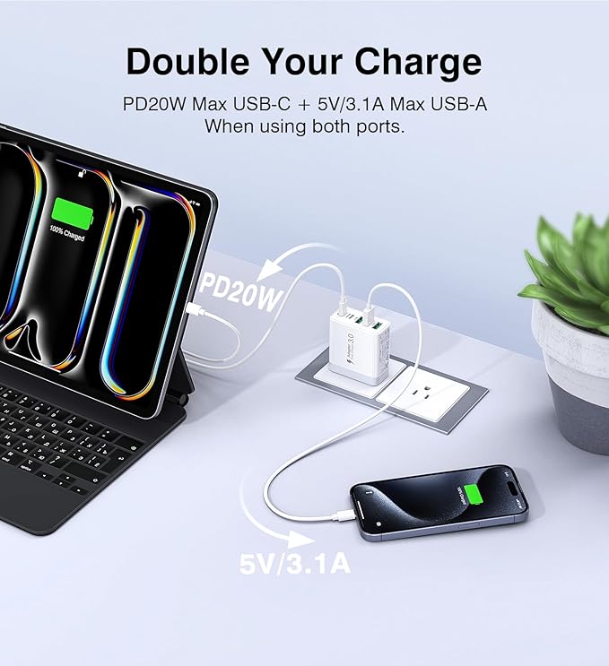 [2-Pack] USB C Wall Charger, 50W Fast USB C Charger Block, 5-Port PD Power Adapter + QC Wall Plug Multiport Type C Charging Block Cube Compatible with iPhone 16 15 14 13 12 11 Pro Max XR XS, Tablets