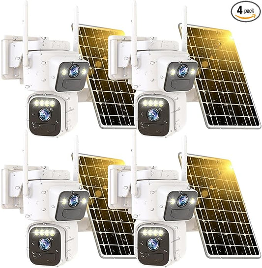 Dual Lens Outside Cameras for Home Security Cameras 4 Pack,2.4G & 5G WiFi,Solar Battery Powered Camera with AI Motion Siren,SD/Free Cloud Storage,No Monthly Fee,Color Night Vidion,Waterproof