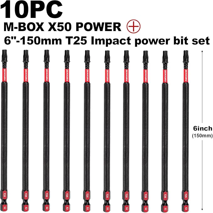 10 Pieces 6 In. T25 Impact Tough Magnetic Screwdriver Bit Set, #25 Torx Head Power Bits, S2 Alloy Steel Star Bits with Storage M-Box
