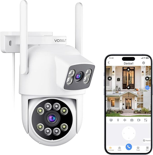 Security Camera Outdoor Wireless, Dual Lens 2K (3MP+3MP) 355° PTZ Home Security WiFi Camera Outside Surveillance Indoor, 2.4G WiFi, PIR Human Detection, Auto Tracking, Color Night Vision, White