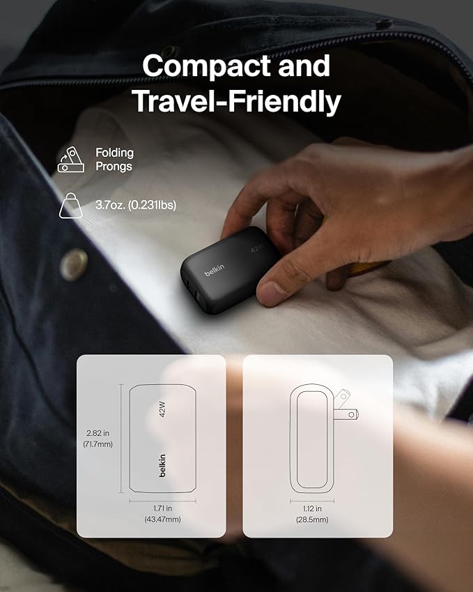 Belkin Dual Port Charger Block 42W, USB-C + USB-A Charger Super Fast Charging - Samsung Galaxy S25, Apple iPhone 16, 15, 14, 13, Pro, Pro Max, iPad, AirPods, Nintendo Switch 2 & More - Black