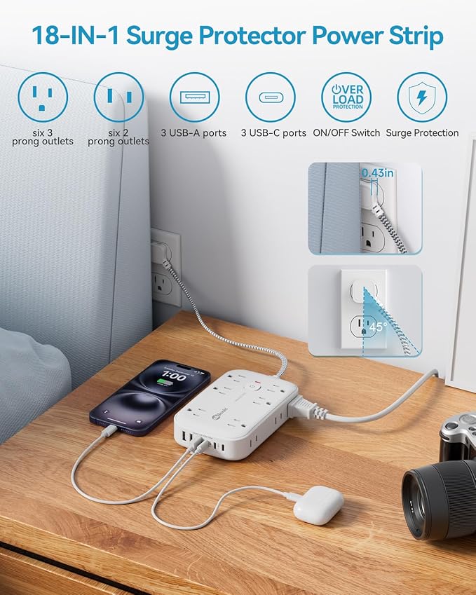 Flat Outlet Extender with 12 Inch Cord, Surge Protector Flat Plug Extension Outlet Splitter Adapter, 12 AC 6 USB(3 USB C) with Electrical 3 Way Multi Wall Plug Extender for Travel Dorm Room Essentials