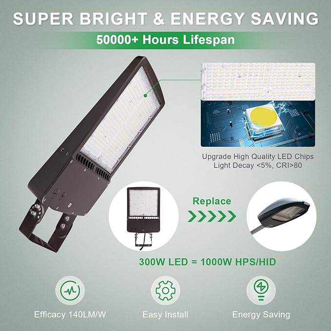300W LED Parking Lot Light, 5700K 42000LM LED Shoebox Area Light [1000W MH/HPS Equiv.], 0-10V Dimmable Outdoor Pole Flood Lights with Yoke Mount, IP65 20KV Surge Protection AC100-277V UL&DLC Listed