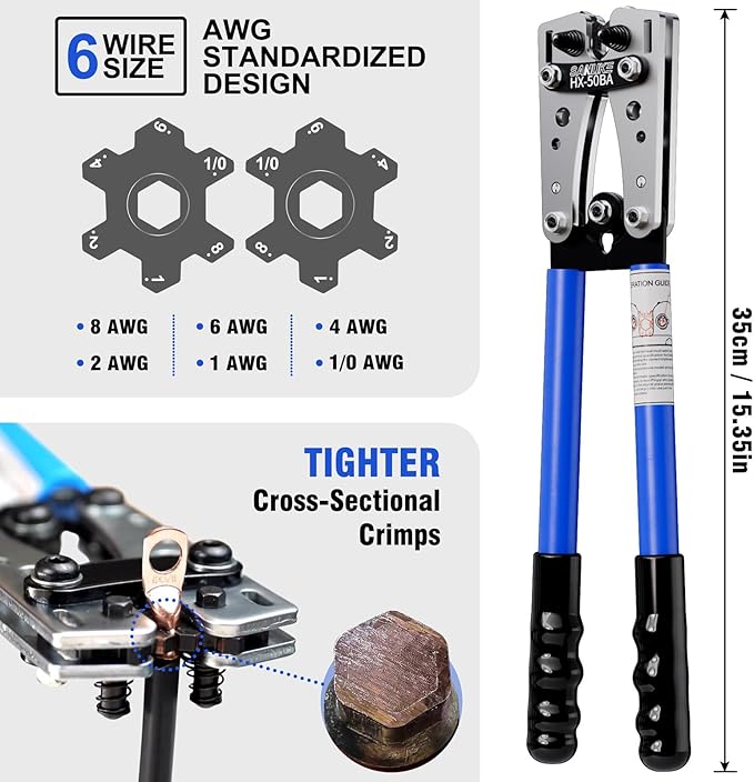 Sanuke Battery Cable wire Lug Crimping Tool for AWG 8-1/0 Electrical Lug Crimper with Cable Cutter and 12PCS Lugs Tubular Ring Terminal Connectors and 10PCS 3:1 Dual Wall Adhesive Heat Shrink Tubing