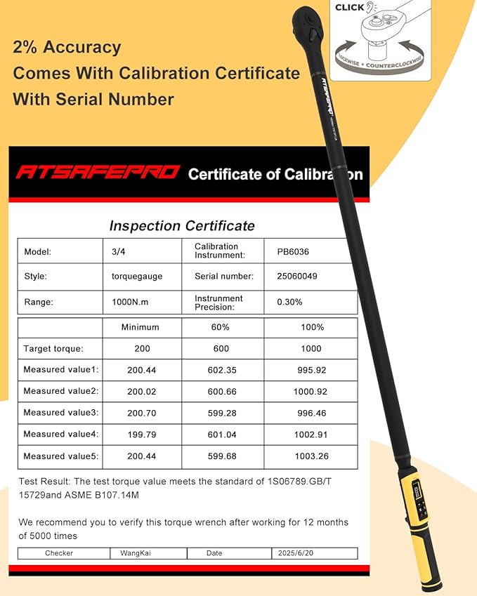 Digital Torque Wrench 3/4-Inch Drive, 15-1000 Nm (11-737.5 ft-lb), ±2% Accuracy, Vibration/Buzzer /LED Alert, 5 Units, 9 Presets & 500 Data Storage, 3/4 Torque Wrench for Truck, Heavy Machinery