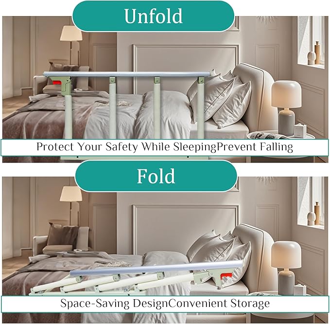 37.8" x 16.3" Folding Bed Rail for Elderly Adults with Safety Guard & Assist Handle for Fall Prevention, Fits Twin Full Queen King Beds