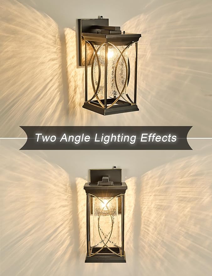 Dusk to Dawn Outdoor Wall Light Black with Gold Trim Modern Exterior Sconce Aluminum Waterproof Coach Light Fixture with Crack-Like Glass Outside Wall Lantern for House Garage Porch Lighting