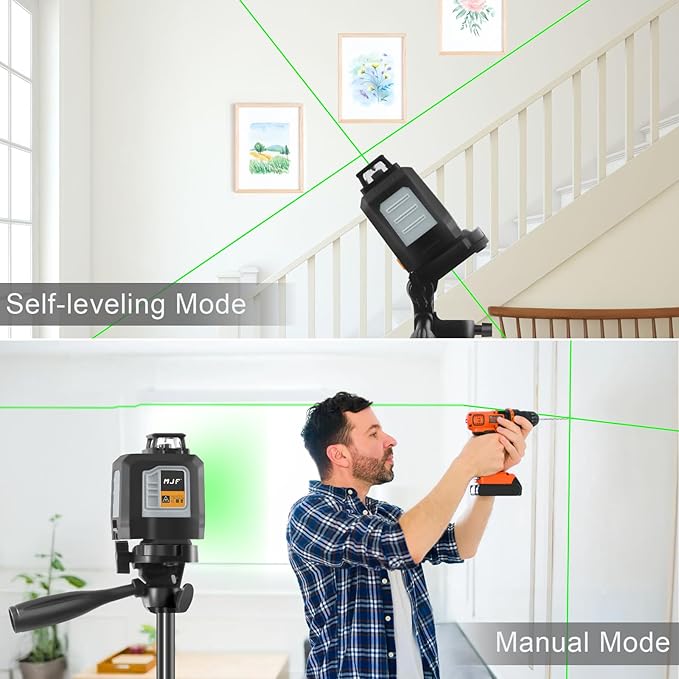 MJF 360° Laser Level with Tripod, Green Self Leveling Cross Line Laser Tool with 4 Brightness Adjustment for Floor Tile Wall Construction, L-Bracket, Batteries & Carry Bag Included