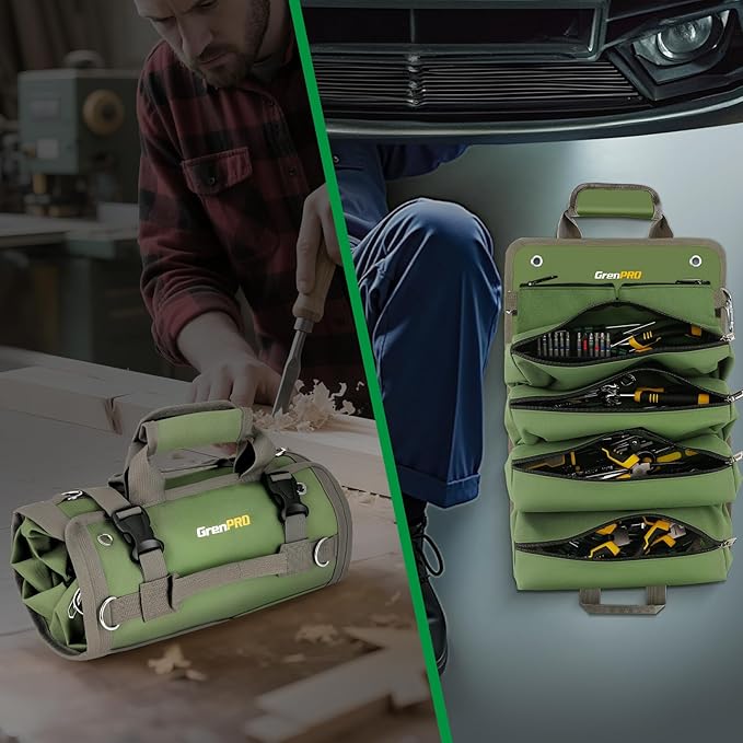 Roll Up Tool Bag With Detachable Pouches, Heavy Duty Organizer With 6 Pockets for Mechanics, Electricians, DIY, Gifts for Dad, Men Birthday Gift, Green