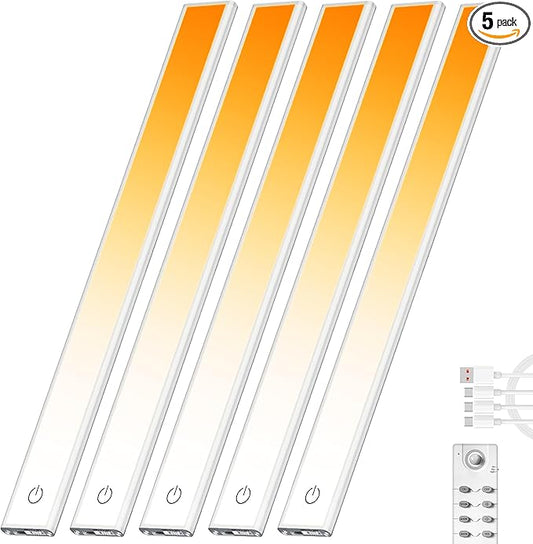 204 LED Under Cabinet Lights Wireless with Full Lighting,Rechargeable Closet Lights with Remote and Motion Sensor Indoor,Under Counter Light with CCT and Dimmable for Kitchen,Stair(5 Pack,23.6inch)