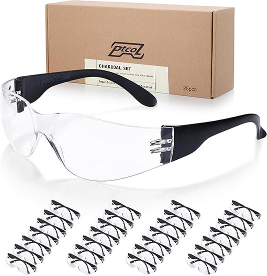 28 Pack Safety Glasses BLACK Frame (Bulk Pack of 24+4) Unisex Clear Anti-Scratch Protective Goggles Impact Resistant Lens Eyewear with ANSI Z87.1 Certified for Construction, Shooting and Laboratory