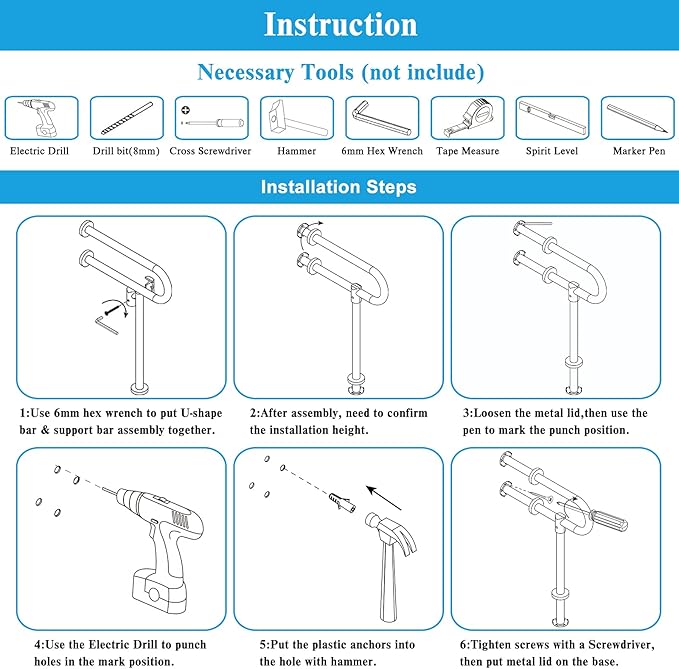Handicap Bathroom Bar - 304 Stainless Steel Non-Slip Handrail for Disabled Toilet & Shower, Barrier-Free Safety Railing with Hand Grips
