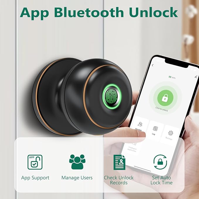 GeekTale Fingerprint Door Lock for Bedrooms, Fingerprint Door Knob with Lock, Smart Door Lock, App Control, Back-up Keys, Thumbprint Door Knob for Bedrooms, Office, Apartment