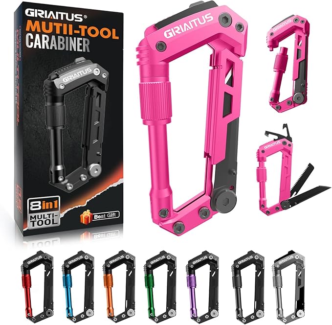 Multitool Carabiner with Pocket Knives, EDC Carabiners, Folding Serrated Knife, Can Bottle Opener, Rope Cutter, Screwdriver, Keychain Knife for Camping Hiking, Gifts for Women/Men (Pink)