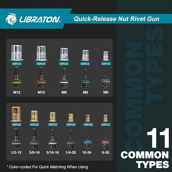 LIBRATON Rivet Nut Tool, 16" Rivnut Tool Kit, Hand Rivet Nut Tool kit with 11PCS Metric & SAE Interchangeable Mandrels, 110PCS Rivet Nuts, Carrying Case, Auto Release Nut Design