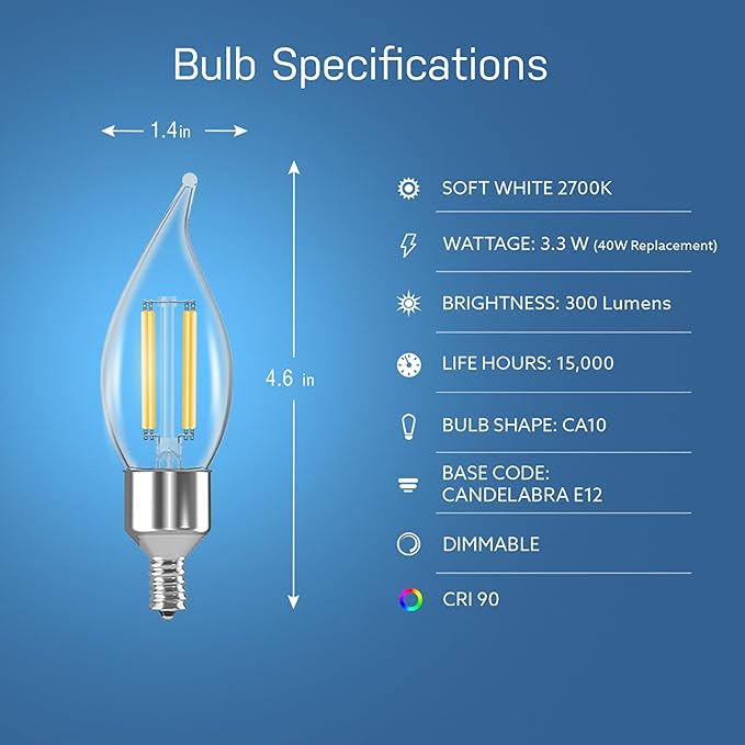 Feit Electric Smart LED Candle Wifi Bulb, Works with Alexa or Google Assistant, E12 base, No Hub, Flame Tip Filament Chandelier Light Bulb, 2700K Soft White, 4 Pack CFC40/927CA/FIL/AG/4