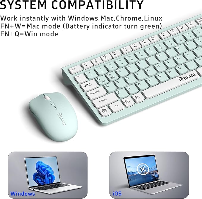 Wireless Keyboard and Mouse Combo, Full-Sized Wireless Keyboard and Adjustable DPI Mouse, 2.4GHz USB Receiver, Wireless Keyboard and Mouse for PC, Windows, Desktop, Laptop (Mint Green and White)