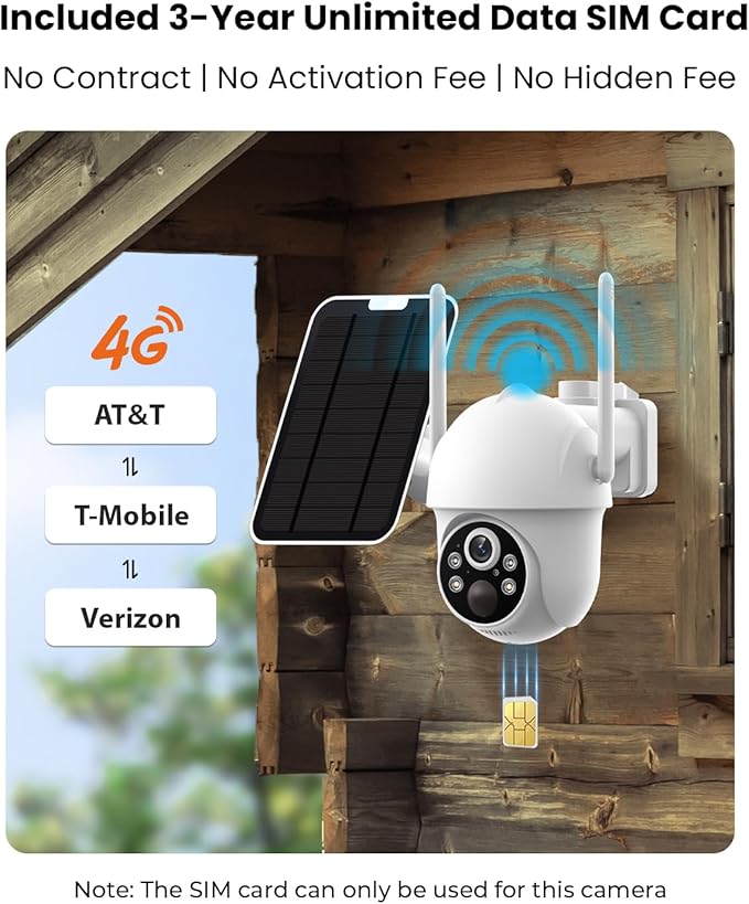 4G LTE Cellular Security Camera Wireless Outdoor with 3-year Unlimited Data SIM Card, Solar Camera, No WiFi Security Camera, Color Night Vision, 360° Live View, PIR Motion Sensor, 2-Way Audio