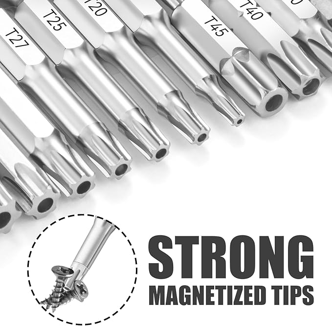 22 Piece Security Torx Bit Set (T6-T45), 1/4 Inch Hex Shank S2 Steel Magnetic Tamper Proof star screwdriver bit set, 1" and 2" Long