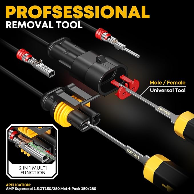 Waterproof Automotive Electrical Connectors Crimping Tool Kit, 1/2/3/4 Pin Waterproof Plugs, Ratchet Crimper for 24–14 AWG Wires, Includes Removal Tools for Car, Truck, RV, Boat Wiring Harness