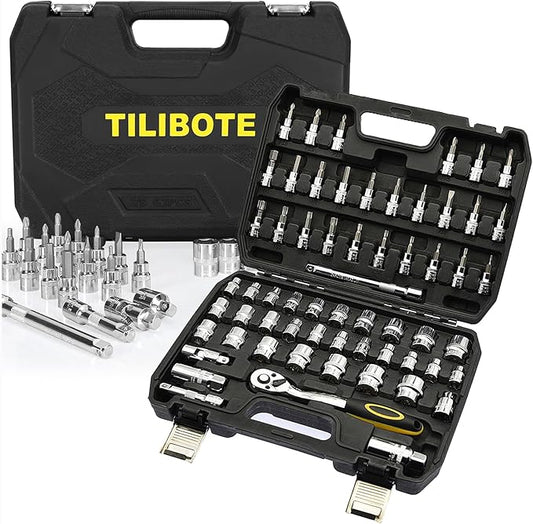 Socket Wrench Set, 62PCS 3/8" Ratcheting Wrench Set With 72 Tooth Count Ratchet, SAE & Metric From 5/16" - 7/8 ", 6mm - 23mm,Tool Set For Home Use and Automotive Repair