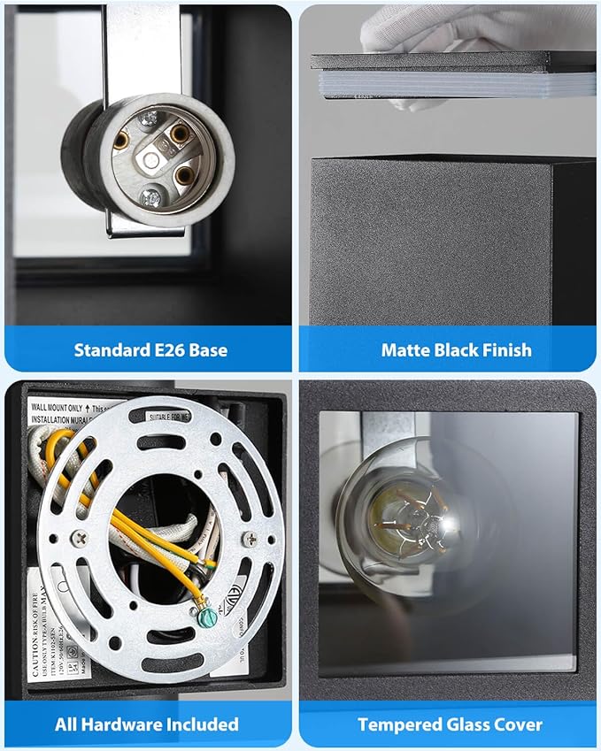 KIZON Dusk to Dawn Outdoor Lighting, Modern Outdoor Wall Light Up and Down Lights with LED Bulbs, Square Sconce Matte Black Exterior Lighting Fixture Wall Mount for House Porch, ETL Listed