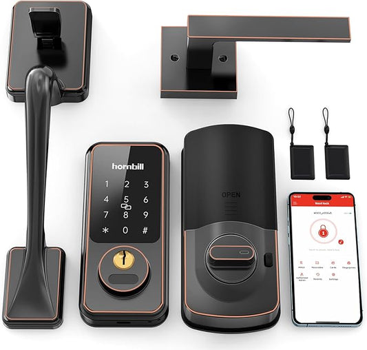 Front Door Lock Set Keyless Entry: Keyless Entry Smart Deadbolt with Handle Set, Hornbill Keypad Electronic Door Lock with Handles, APP/Bluetooth/Auto Lock/Keyfobs/Keys, Oil Rubbed Bronze