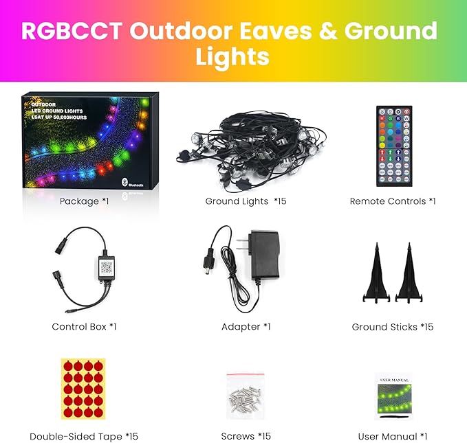 Outdoor Ground Lights and String Lights for Outside, 24V Garden Decorative Lights with Bluetooth Music & Dual Control, Waterproof IP67 RGBCCT Landscape Lighting for Patio Yard (50FT)