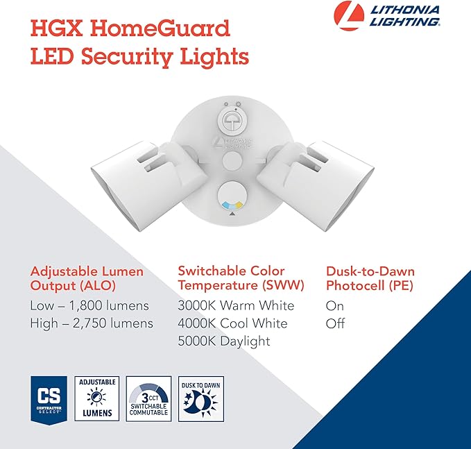 Lithonia Lighting HomeGuard 2-Light LED Outdoor Flood Lights, Outdoor LED Lights, Dusk to Dawn Sensor, Adjustable Lumens, Selectable Color, Round Heads, White (HGX LED 2RH ALO SWW2 120 PE WH M2)
