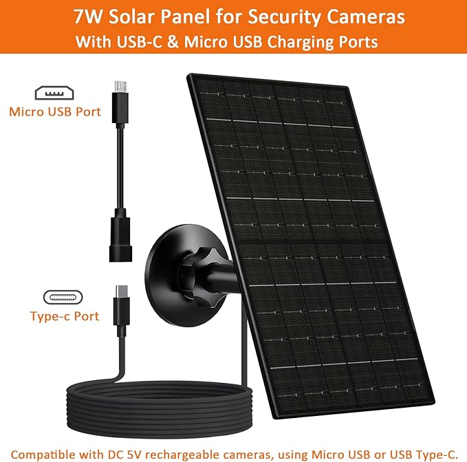 Zivif Solar Panel for Security Camera, 7W Solar Charger with Micro USB & USB-C Port, IP65 Waterproof USB C Solar Panel for 5V Rechargeable Battery Security Cameras, with 360° Adjustable Mount (Black)