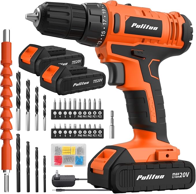 PULITUO 20V Cordless Drill/Driver, 2 Batteries Electric Screwdriver, 30Nm Power Drill Driver, 21+1 Torque, 2 Speed, 3/8"Keyless Chuck, power Drill with LED Light, Drill Driver Kit for Home (Orange)