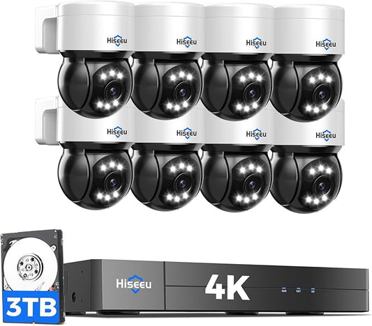 [330°Pan 90°Tilt+Human Tracking] Hiseeu 4K PoE Security Camera System,NVR Security Camera System w/8 * 8MP PoE PTZ Security Camera Outdoor&Indoor,2-Way Audio,Color Night Vision,7/24 Record