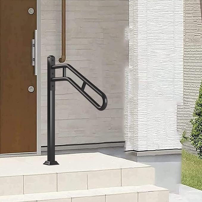 Single Post Handrail for Outdoor 1-3 Steps, Metal Bent Stair Handrails, Floor Mounted Wrought Iron Stair Railing, Sturdy U-Shaped Post Grab Rails with 2 Anti-Skid Crossbar for Garage, 32" L x 35.8" H