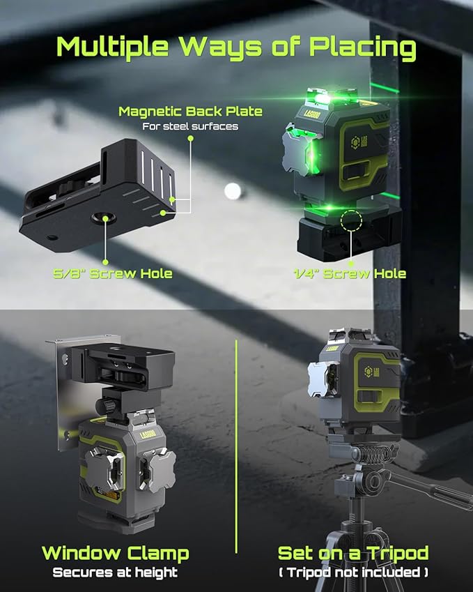 LG-4D 16 Green Beam 4x360° Laser Level, Self-Leveling Tool with Horizontal and Vertical Dual Layout, Ideal for Construction and Picture Hanging, Magnetic Pivot Bracket Included