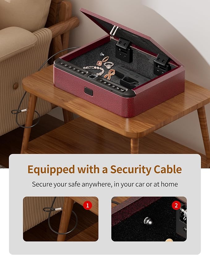 BILLCONCH Gun Safe for Handgun - Biometric Pistol Safe 4 Ways Quick Access with Fingerprint/Full-digital Keypad/Key/APP Lock and Security Cable for Nightstand Bedside Home - Burgundy Red