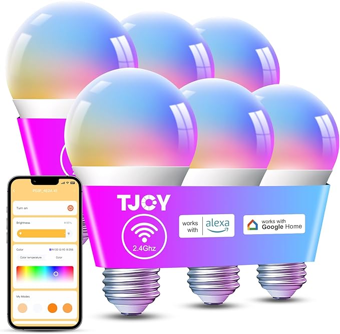 TJOY 4 Pack Smart Alexa Light Bulbs, Bluetooth WiFi Led Bulb Compatible with Alexa &Google Assistant, RGB Color Changing Bulbs, 9W(60W Equivalent), A19 E26 800LM(2.4Ghz WiFi only)