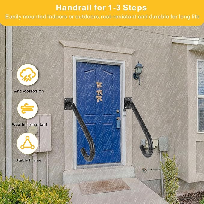 2 Pcs Handrails for Outdoor Steps Stair Railing Indoor, Handrail for 1-3 Steps,Half U Design Universal Stairs Wall Mounted Metal Handrail for Elderly,Included Hardware