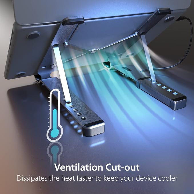 j5create Portable Aluminum Laptop Stand with USB 4-Port Hub, Foldable and Adjustable Notebook Riser with 4 USB-A Ports for MacBook, Laptop, and Tablet up to 16" (JTS223)