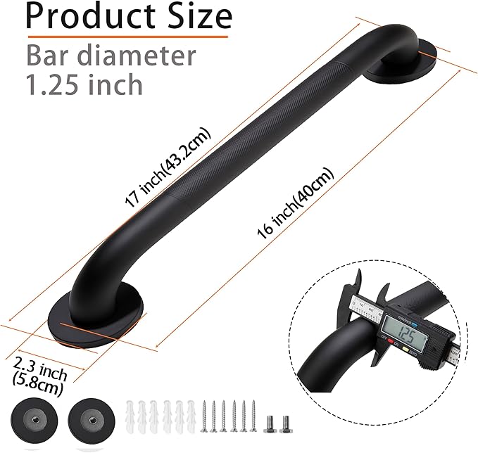 Shower Grab Bar, 2 Pack 16 Inch Black Bathroom Grab Bar, 1.25" Diameter 304 Stainless Steel Anti-Slip Grab Bars for Bathtubs and Showers, Handicap Shower Grab Bar for Seniors Elderly